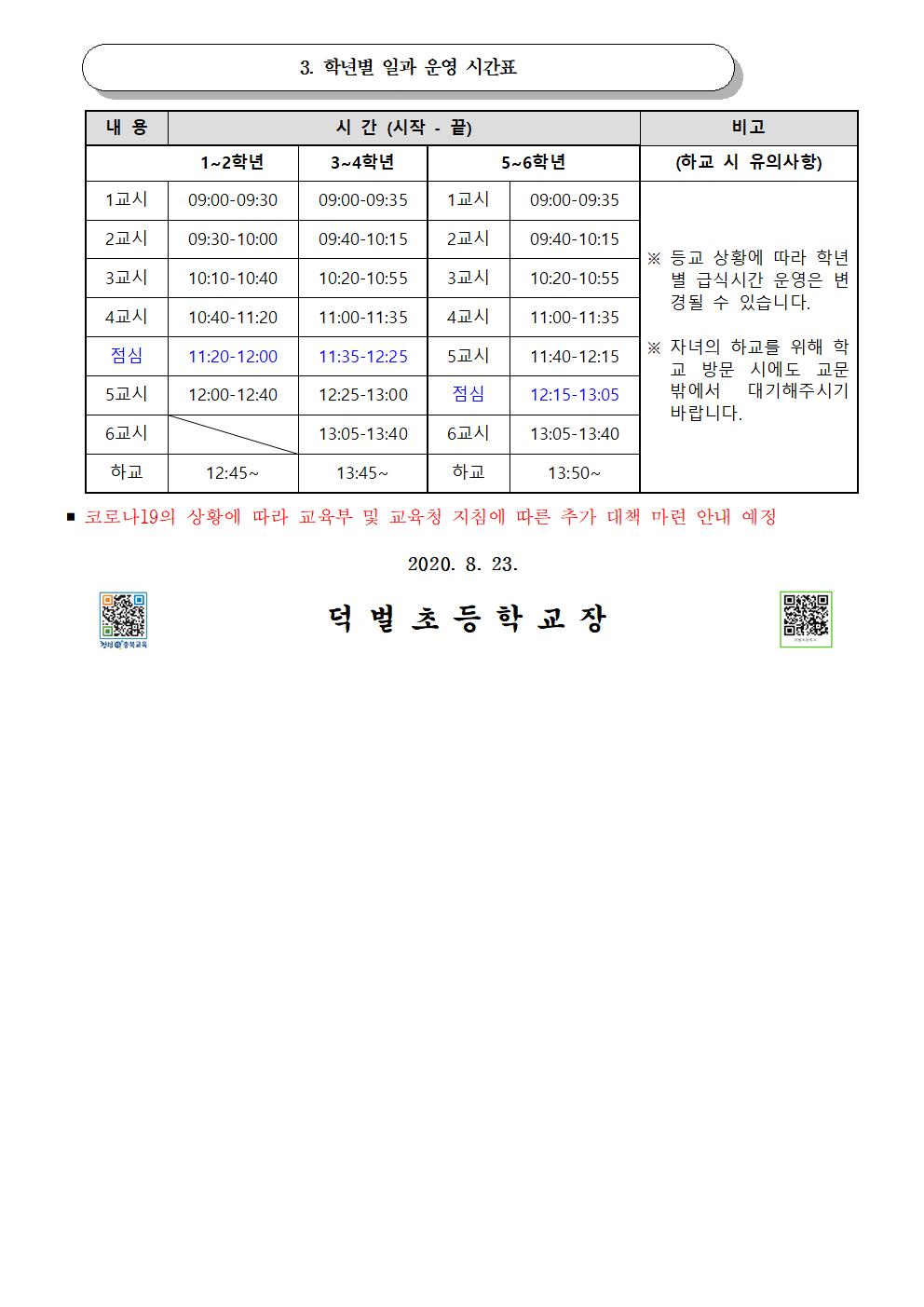 사회적거리두기 2단계 격상으로 인한 등교.원격 수업 변경 일정 안내(8.23)002