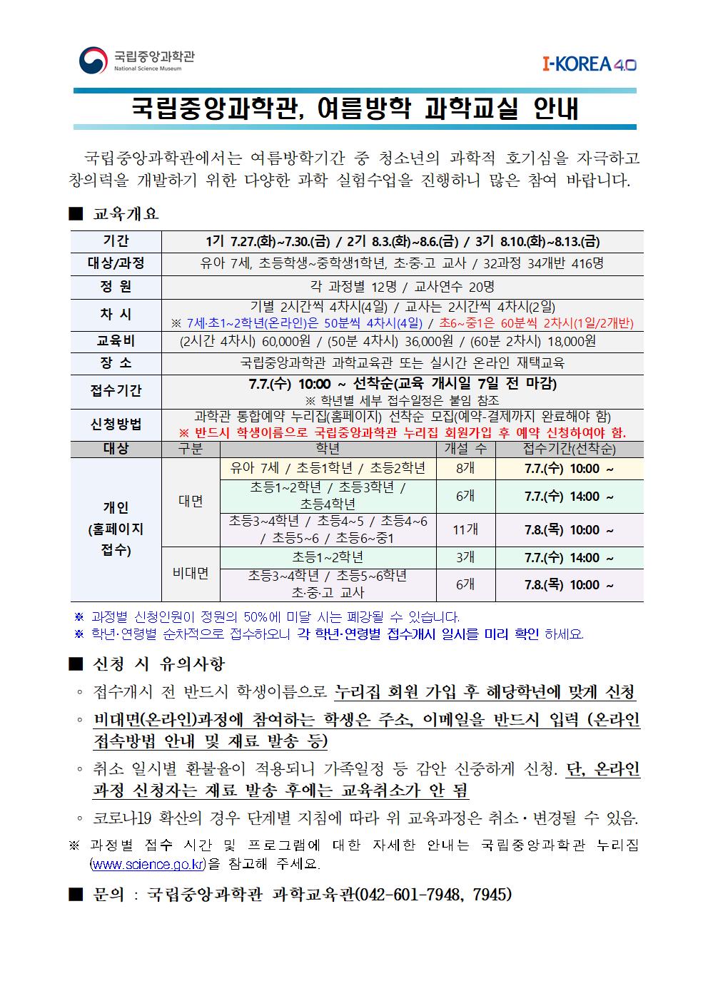 [덕벌초등학교-6875 (첨부) 국립중앙과학관 과학교육과] 붙임1.[교육청공지]2021년 여름방학 과학교실·과학캠프 운영안내_최종001