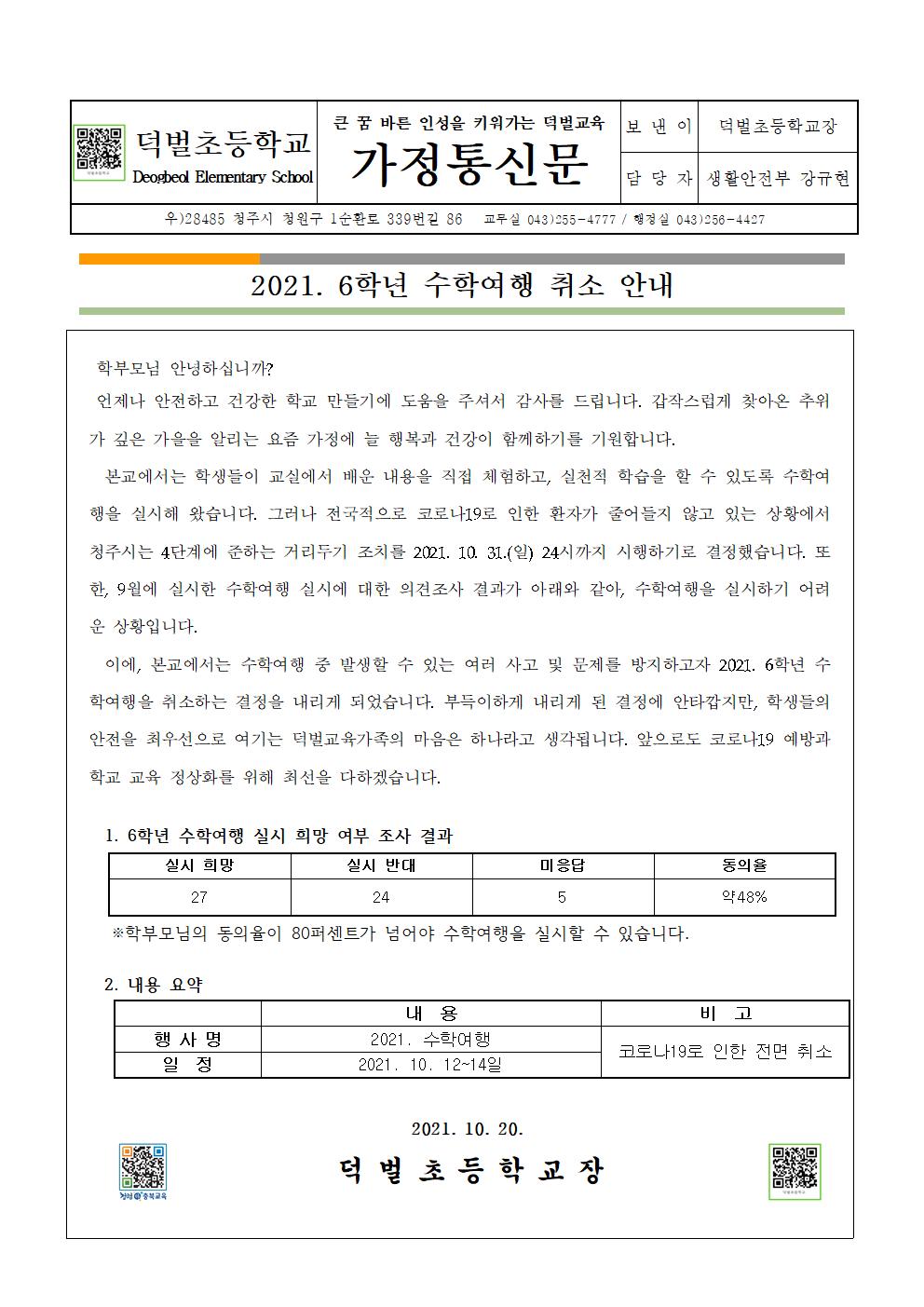 2021. 6학년 수학여행 취소 안내(가정통신문)001