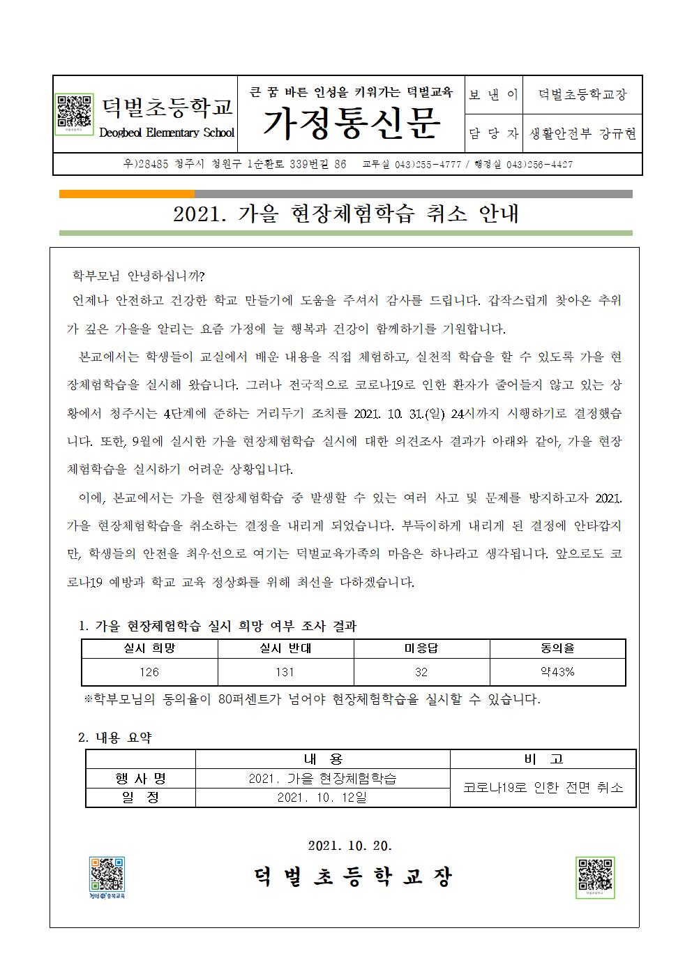 2021. 가을 현장체험학습 취소 안내(가정통신문)001