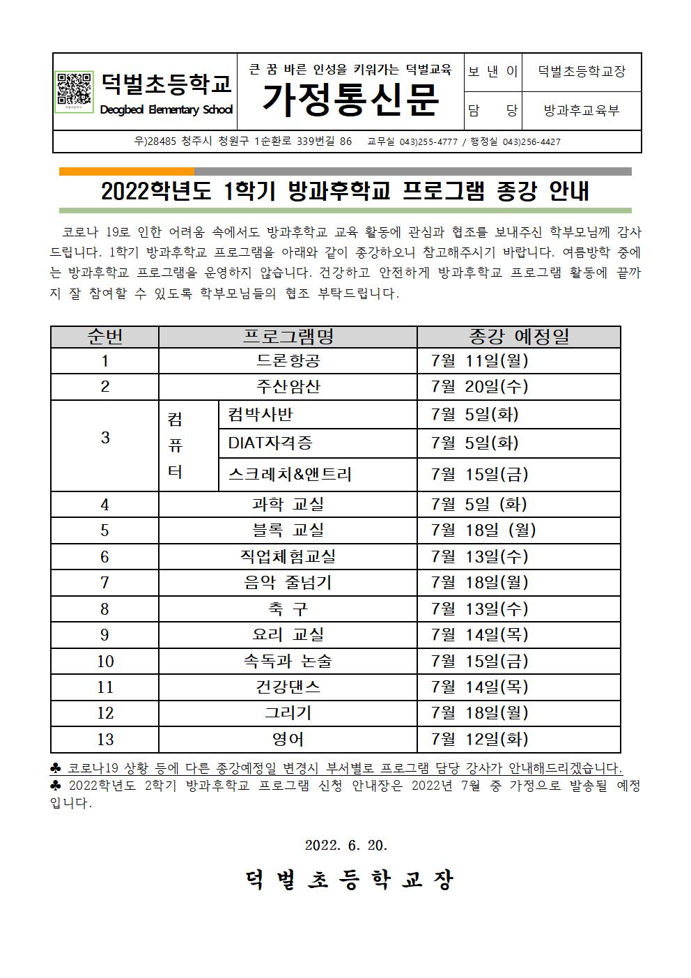 2022. 1학기 방과후학교 프로그램 종강 안내장(1)001