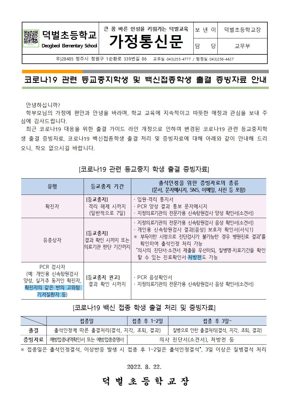 코로나19 관련 등교중지학생 및 백신접종학생 출결 증빙자료 안내001