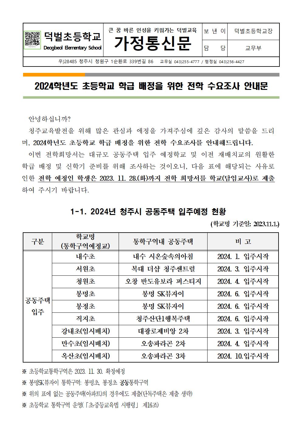 2024. 초등학교 학급 배정을 위한 전학 수요조사 안내문001